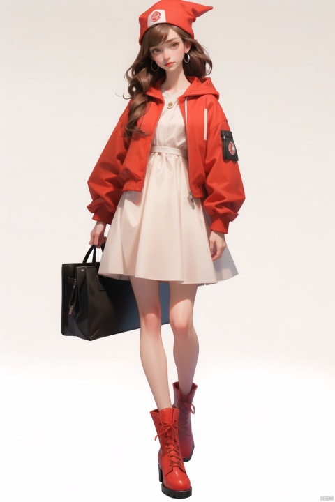  (best quality), ((masterpiece)), (highres), illustration, original, extremely detailed,1girl, solo, smile, red eyes, white background, brown hair, long hair, jacket, open jacket, long sleeves, open clothes, red jacket, dress, closed mouth, red footwear, red headwear, full body, looking at viewer, simple background, bangs, holding, standing, hat, bag, blush, hood, white dress, earrings, boots, jewelry, beanie, hooded jacket, shoes, hood down, poke ball