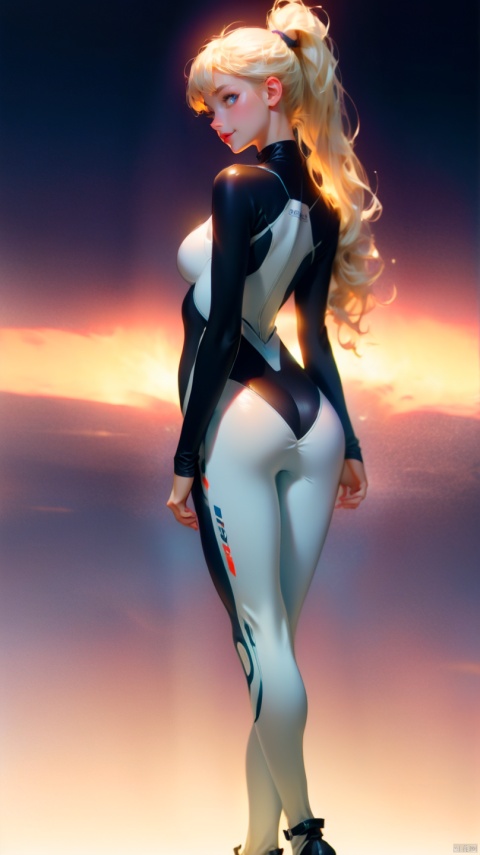  1girl, solo, long hair, breasts, looking at viewer, smile, bangs, blue eyes, blonde hair, large breasts, simple background, long sleeves, medium breasts, closed mouth, standing, full body, ponytail, ass, looking back, pants, from behind, lips, gradient, gradient background, bodysuit, shadow, skin tight, white pants, tight, white bodysuit