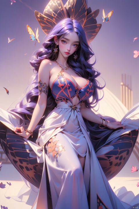  1girl, solo, long hair, breasts, looking at viewer, blue eyes, large breasts, hair ornament, dress, cleavage, bare shoulders, jewelry, sitting, closed mouth, purple hair, earrings, necklace, white dress, bracelet, petals, strapless, bug, butterfly(giant breasts: 2.0)