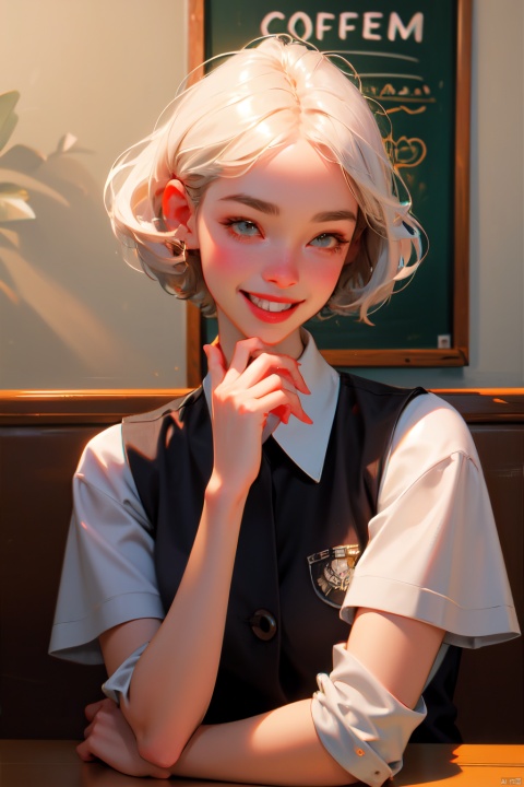  a girl laughing, realistic, portrait,,school_uniform,self_licking,shorthair,coffee shop