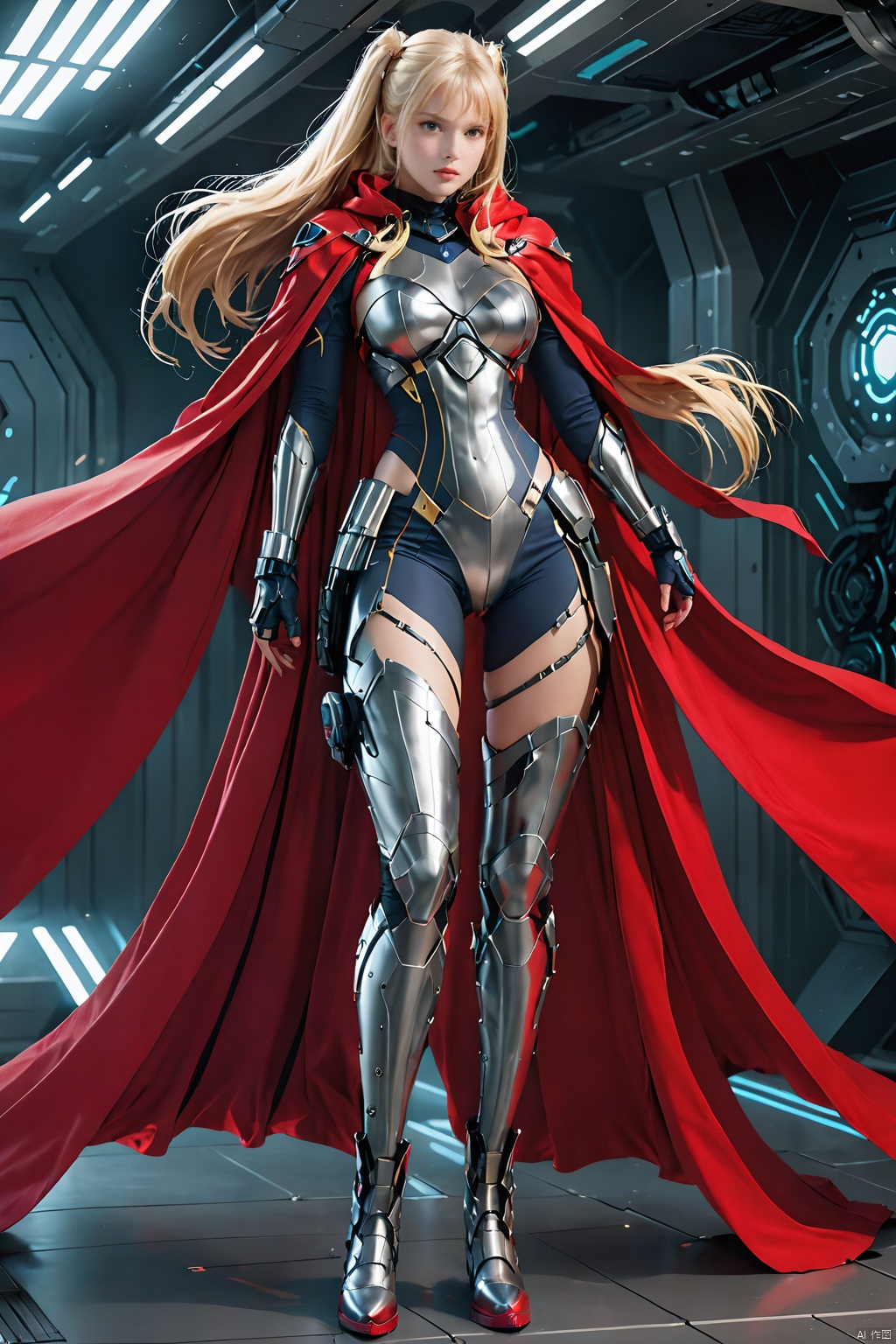  1girl,Future style gel coat,Future Combat Suit,armor,armored boots,red cape,blonde hair,bodysuit,boots,breasts,cloak,full body,long hair,looking at viewer,medium breasts,solo,standing,twintails