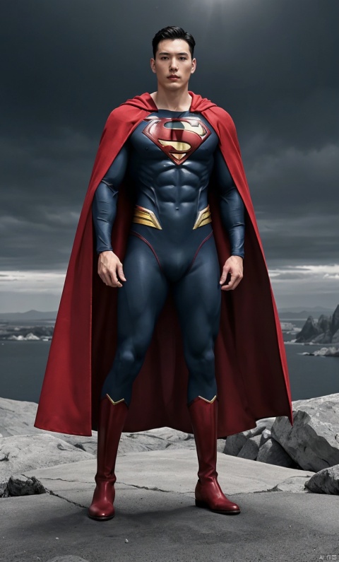  1man in superman bodysuit,red boots,red cape,standing,man focus,asian,exquisite facial features,handsome,confident,majestic,deep eyes, dynamic pose,(the cape sways with the wind:1.2),pectorales,Muscular,solitary and mysterious atmosphere,graceful yet melancholic posture,from_below,close shot,outdoor,city landscape,full shot,dark night,back lighting,masterpiece, realistic, best quality, highly detailed, Ultra High Resolution, Photo Art, profession,jzns,dress, jzns