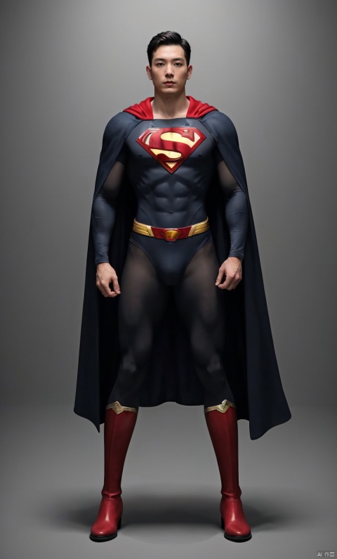  1man in superman bodysuit,red boots,red cape,standing,man focus,asian,exquisite facial features,handsome,confident,majestic,deep eyes, dynamic pose,(the cape sways with the wind:1.2),pectorales,Muscular,solitary and mysterious atmosphere,graceful yet melancholic posture,from_below,close shot,outdoor,city landscape,full shot,dark night,back lighting,masterpiece, realistic, best quality, highly detailed, Ultra High Resolution, Photo Art, profession,jzns,dress, jzns