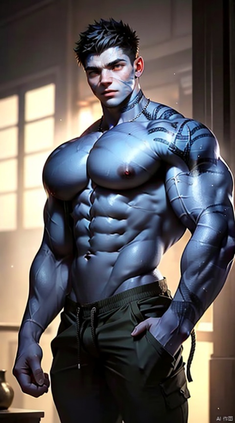  boy,Young male,A handsome boy,A strong boy,Young face,upper body portrait,young,solo,big muscle,(thick arms),(big pecs),( long legs),slim,1male,slender waist,hands in pockets,abdominal muscle,Red short hair,Tattoos on arms,dark skin,realistic, masterpiece, best quality, cinematic, dynamic lighting, natural shadow, ray tracing, volumetric lighting, highest detail, professional photography, detailed background,insane details, intricate, aesthetic, detailed face, detailed skin, subsurface scattering, realistic hair,realistic eyes, muscular,(large pectorals:1.7), (puffy nipples:1.1), (shiny skin:1.6), pecs, abs, yukito, niji5, dark skin, navi