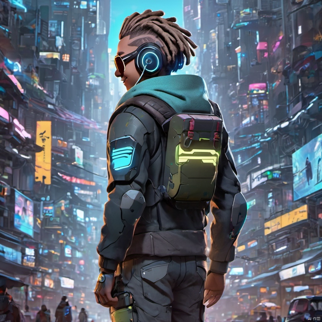  ,,(full body:2),solo,smile,front view,short_hair,1boy,jacket,luminous led arm,the ground reflects human shadows,sneakers,closed_eyes,male_focus,outdoors,glasses,teeth,bag,scarf,grin,headphones,backpack,city,dreadlocks,cyan_hair,sunglasses,ground_vehicle,building,motor_vehicle,cyberpunk,cyberpunk clothes,growing clothes,there is glowing led decorations in the middle of the hair,(full body:2),smile.from behind,short_hair,1boy,grin,headphones,dreadlocks,brown_hair,sunglasses,teech,luminous led arm,the ground reflects human shadows,sneakers,futuristic armored suit,wearing a futuristic armored suit,led screen,there is a glowing led logo on the clothes,there are glowing led tubes on the clothes,glowing clothes,very dense and numerous led light-emitting tubes on the clothes,future style clothing,