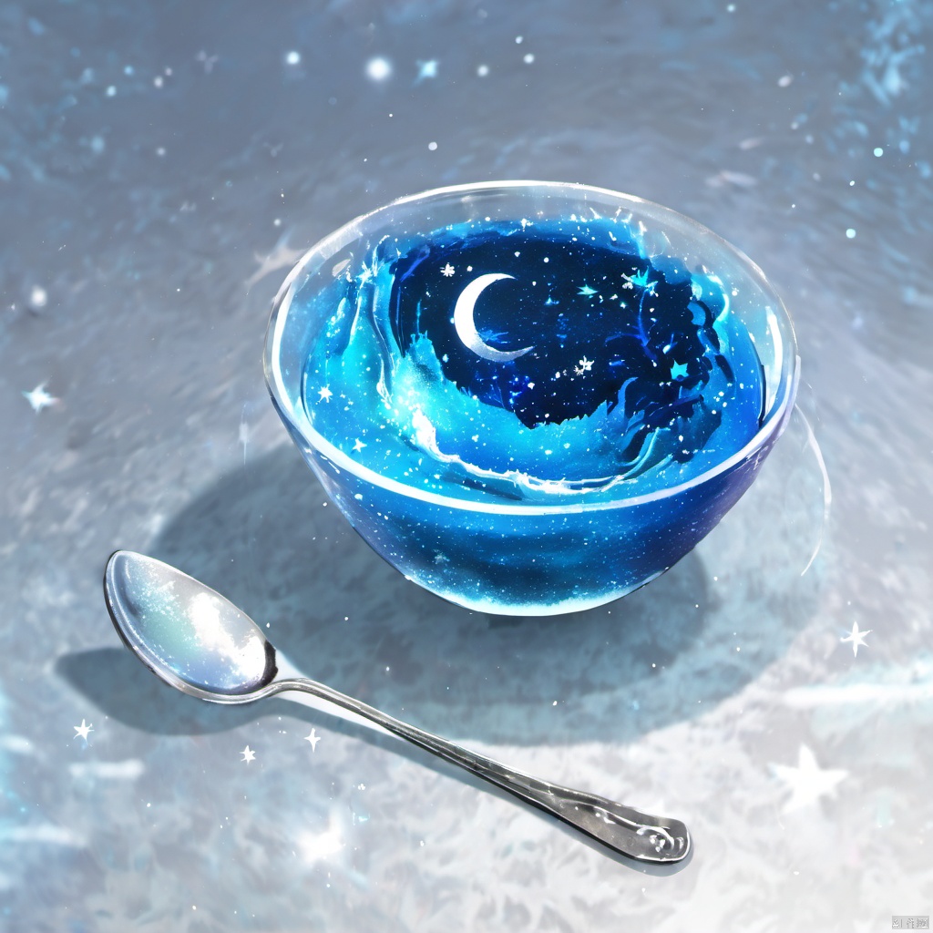  ,The image showcases a glass bowl filled with a vibrant blue liquid. The liquid appears to be frozen, with a swirling pattern that gives it a galaxy-like appearance. Within the liquid, there are tiny white specks that resemble stars. At the top of the bowl, there's a crescent moon and a few stars, suggesting a night sky theme. The bowl is placed next to a silver spoon., glass bowl, vibrant blue liquid, frozen, galaxy-like appearance, tiny white specks, crescent moon, stars