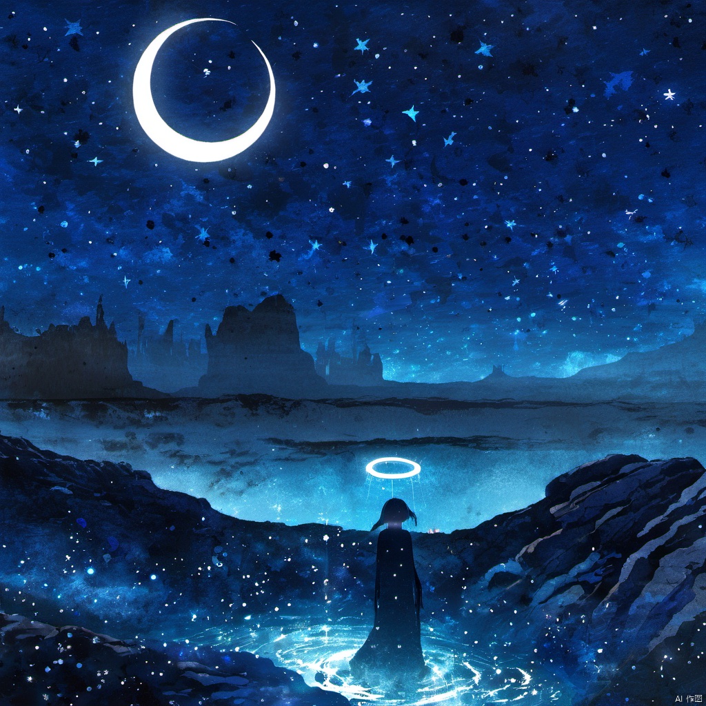  ,The image portrays a serene nighttime scene with a silhouette of a female figure standing on a rocky terrain. She has a halo around her head, suggesting a celestial or ethereal nature. The sky is filled with stars, and there's a crescent moon visible in the top right corner. Above her, there are fish swimming in the vast expanse of the cosmos. The entire scene is bathed in a deep blue hue, giving it a dreamy and otherworldly ambiance., serene nighttime scene, silhouette of a female figure, halo around her head, stars, crescent moon, rocky terrain, fish swimming, deep blue hue