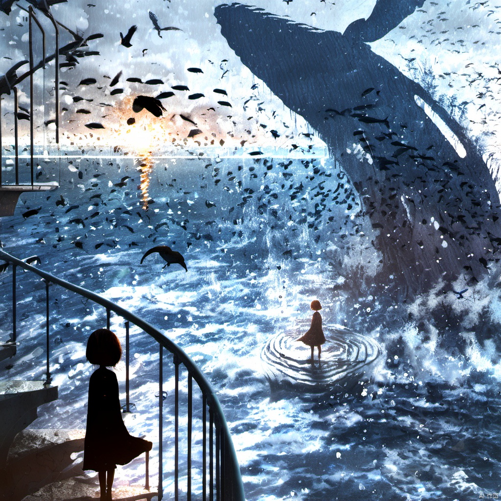  ,a woman standing on a stair case next to a fire hydrant in the water with birds flying around, 1girl, solo, short hair, dress, standing, outdoors, water, scenery, fish, silhouette, whale, shadow, railing, surreal, The image portrays a surreal and dramatic scene set against a backdrop of a vast, turbulent sea. Dominating the foreground is a massive, dark whale, seemingly emerging from the water with its tail raised. The sea is filled with smaller fish, creating a shimmering effect. To the right, a lone figure stands on a spiral staircase, gazing out at the sea. The sky is filled with birds, possibly seagulls, flying in various directions. The overall mood of the image is intense, with the juxtaposition of the massive whale and the solitary figure adding to the drama., sea, staircase, figure, birds, drama