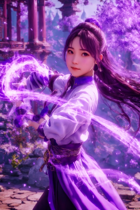 purple-aura,using purple-magic,purple-magic,ancient-costume,dancing,fighting stance,1girl,solo,long hair,brown hair,,