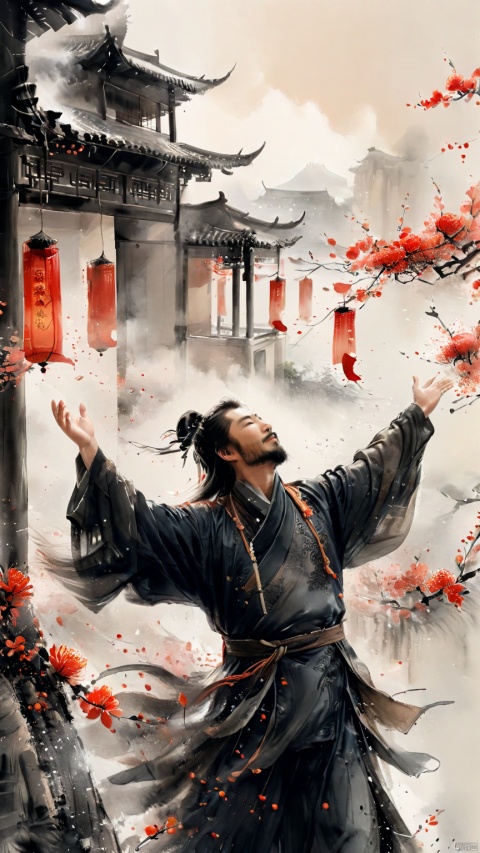  a chinese ancient male hero among flowers, beard,((open arms)),hold up his head,drinking from a small black porcelain cup,bold crazy excited passionate expression,laughing ,((opened black cloth)),from below,detailed face,chinese ancient house outdoors,warm tone,afternoon, ethereal atmosphere, evocative hues, captivating coloration, dramatic lighting, enchanting aura, masterpiece, best quality, epic cinematic, soft nature lights, rim light, amazing, hyper detailed, ultra realistic, soft colors, photorealistic, Ray tracing, Cinematic Light, light source contrast, ananmo, ink paniting,traditional chinese ink painting,