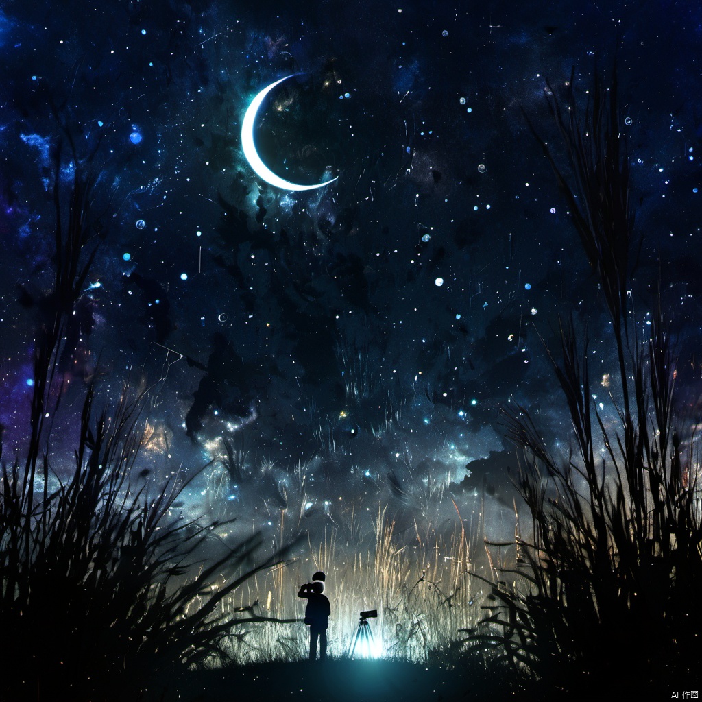  ,The image showcases a breathtaking cosmic scene where a vast expanse of the universe is visible. The sky is filled with a myriad of stars, nebulae, and a crescent moon. A silhouette of a person stands in the foreground, gazing up at the celestial display. The person appears to be holding a small object, possibly a telescope or a camera, capturing the moment. The ground is covered with tall grasses, and the overall ambiance of the image is serene and awe-inspiring., cosmic scene, vast expanse of the universe, nebulae, crescent moon, silhouette of a person, telescope, camera, grasses, ambiance