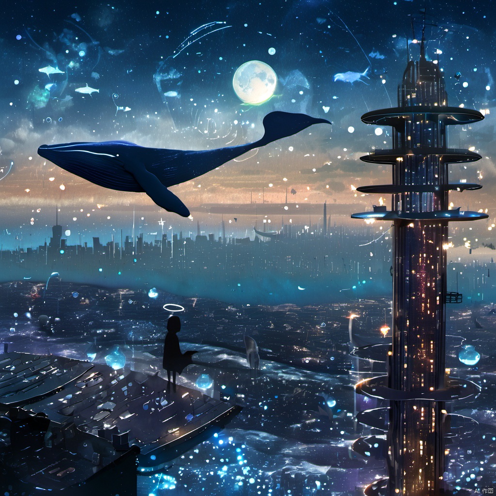  ,a futuristic city with a futuristic flying object in the sky above it and a city in the distance with stars and lights, sky, star \(symbol\), no humans, night, building, star \(sky\), scenery, city lights, whale, 1girl, cloud, moon, night sky, starry sky, fish, bubble, city, cityscape, surreal, The image portrays a surreal and futuristic nighttime scene. Dominating the foreground is a large, metallic platform with a person standing on it, gazing out at the vast expanse below. The platform is elevated and appears to be connected to a tall, slender tower. The city below is illuminated with a myriad of lights, suggesting a bustling urban environment. Floating above the city is a massive whale, which has been transformed into a floating city. This city is adorned with various structures, including domes, spires, and other architectural marvels. The sky is filled with stars, and there are numerous celestial bodies, including a large moon, shining brightly. The overall atmosphere is one of wonder, mystery, and awe., platform, tower, domes, architectural marvels, stars, atmosphere