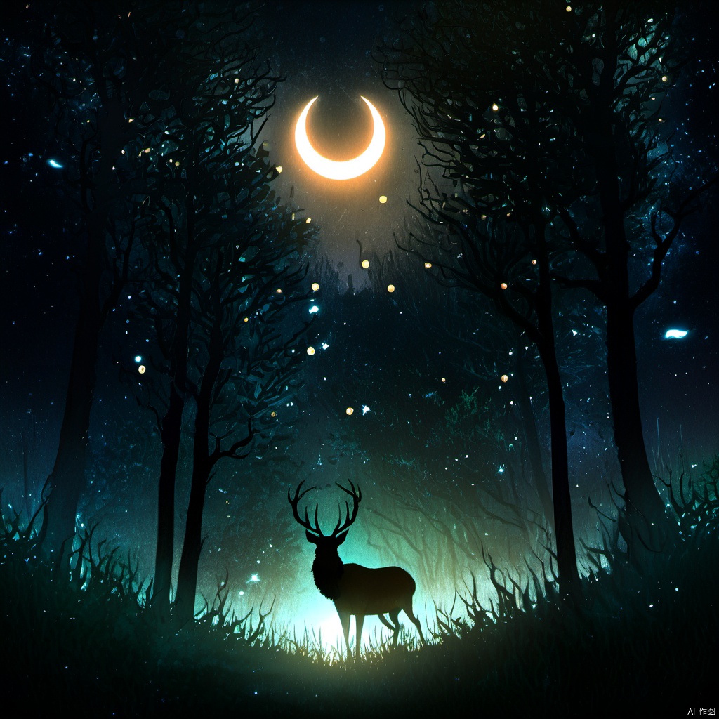  ,a deer standing in the middle of a forest under a crescent moon and stars filled sky with stars and a crescent, outdoors, sky, tree, no humans, night, glowing, moon, grass, star \(sky\), nature, night sky, scenery, starry sky, silhouette, dark, antlers, crescent moon, deer, solo, forest, The image showcases a mystical and enchanting nighttime forest scene. Dominating the sky is a large, glowing crescent moon, casting a soft light over the landscape. The forest is dense with trees, their branches intertwining and forming a canopy. The ground is covered with grass and small plants, and there are a few birds flying in the distance. In the foreground, a majestic stag with large antlers stands, its silhouette illuminated by a soft, golden light. The entire scene is bathed in a blend of cool and warm tones, creating a sense of wonder and magic., mystical, enchanting, nighttime, plants, birds, stag, golden light, tones