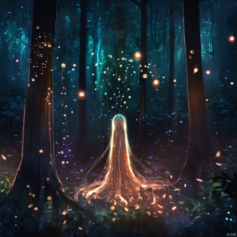  ,The image portrays a mystical and ethereal forest scene at night. The forest floor is illuminated by a myriad of glowing orbs, some of which resemble fireflies, while others have a more luminescent quality. These orbs cast a soft, radiant light that contrasts with the darker shadows of the trees and foliage. In the center of the image, there's a tall, glowing figure with long, flowing hair, standing amidst the orbs. The figure appears to be made of a translucent material, allowing the light to pass through it. The overall ambiance of the image is serene, magical, and otherworldly., forest, nocturnal, glow, orbs, fireflies, radiant light, glowing, luminescent, figure, translucent, ambiance