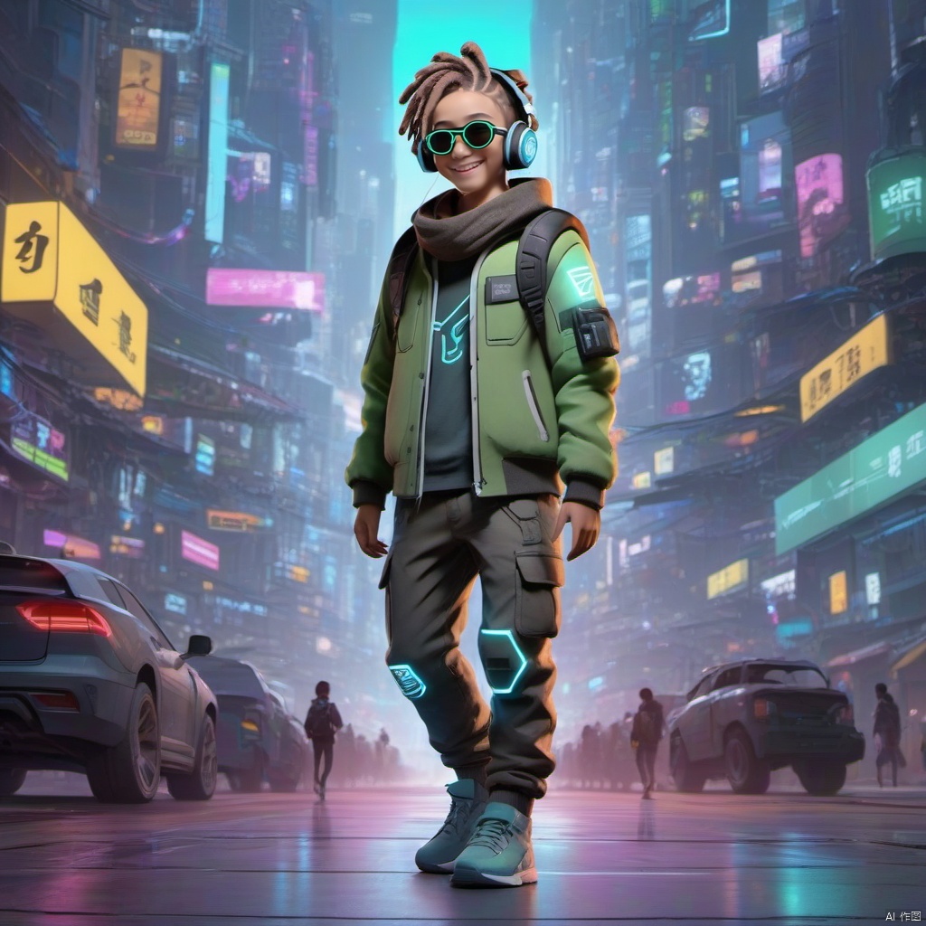  ,,(full body:2),solo,smile,front view,short_hair,1boy,jacket,luminous led arm,the ground reflects human shadows,sneakers,green jacket,front view,closed_eyes,male_focus,outdoors,glasses,teeth,bag,scarf,grin,headphones,backpack,city,dreadlocks,cyan_hair,sunglasses,ground_vehicle,building,motor_vehicle,cyberpunk,cyberpunk clothes,growing clothes,there is glowing led decorations in the middle of the hair,(full body:2),smile.short_hair,1boy,grin,headphones,dreadlocks,brown_hair,sunglasses,teech,luminous led arm,the ground reflects human shadows,sneakers,led screen,there is a glowing led logo on the clothes,there are glowing led tubes on the clothes,glowing clothes,very dense and numerous led light-emitting tubes on the clothes,future style clothing,