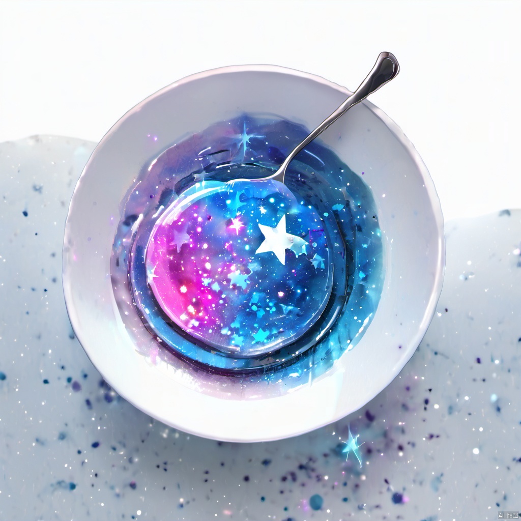  ,a bowl with a spoon inside of it with a star design on it and a spoon in the bowl, simple background, white background, food, sky, no humans, fruit, star \(sky\), plate, starry sky, spoon, food focus, still life, dessert, galaxy, night sky, reflection, saucer, The image showcases a bowl containing a gelatinous substance that has been artistically designed to resemble a galaxy. The substance is vibrant with hues of blue, purple, and pink, with shimmering specks that mimic stars. A spoon is placed next to the bowl, suggesting that the substance is ready to be consumed. The background is plain white, which accentuates the vivid colors of the galaxy-like substance., bowl, gelatinous substance, hues of blue, pink, shimmering specks, background
