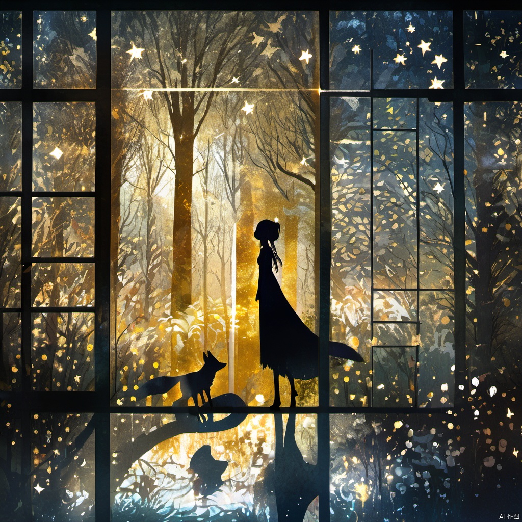  ,The image showcases a serene and dreamlike scene set against a backdrop of a forest. A silhouette of a person, possibly a girl, stands in the center, holding a fox-like creature by its tail. The person is dressed in a long dress and appears to be gazing into the distance. The forest is illuminated by a soft, golden light, and there are various elements like leaves, branches, and possibly fireflies scattered throughout. The image is framed by a window or sliding door on the left, which has a grid pattern. The entire scene is overlaid with a myriad of abstract shapes, stars, and patterns, giving it a magical and ethereal quality., serene, dreamlike, forest, silhouette, fox-like creature, dress, gaze, grid pattern, magical, ethereal