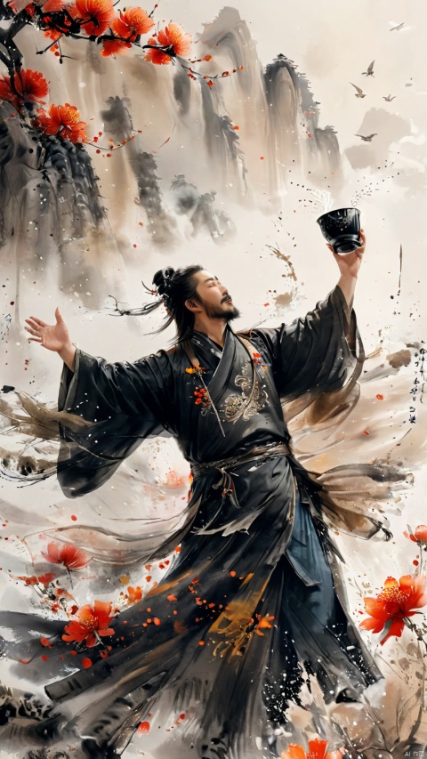  a chinese ancient male hero among flowers, beard,((open arms)),hold up his head,drinking from a small black porcelain cup,bold crazy excited passionate expression,laughing ,((opened black cloth)),from below,detailed face,c,warm tone,afternoon, ethereal atmosphere, evocative hues, captivating coloration, dramatic lighting, enchanting aura, masterpiece, best quality, epic cinematic, soft nature lights, rim light, amazing, hyper detailed, ultra realistic, soft colors, photorealistic, Ray tracing, Cinematic Light, light source contrast, ananmo, ink paniting,traditional chinese ink painting,