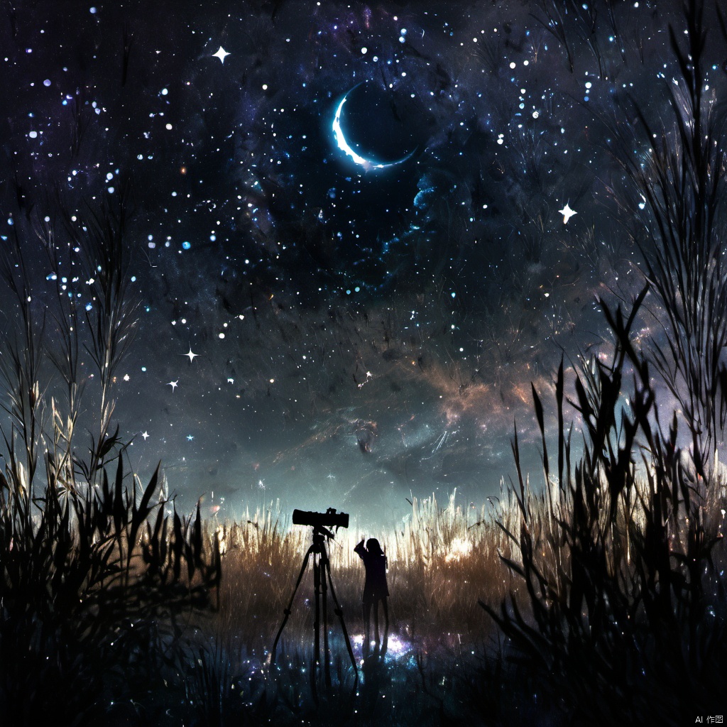  ,The image showcases a breathtaking cosmic scene where a vast expanse of the universe is visible. The sky is filled with a myriad of stars, nebulae, and a crescent moon. A silhouette of a person stands in the foreground, gazing up at the celestial display. The person appears to be holding a small object, possibly a telescope or a camera, capturing the moment. The ground is covered with tall grasses, and the overall ambiance of the image is serene and awe-inspiring., cosmic scene, vast expanse of the universe, nebulae, crescent moon, silhouette of a person, telescope, camera, grasses, ambiance