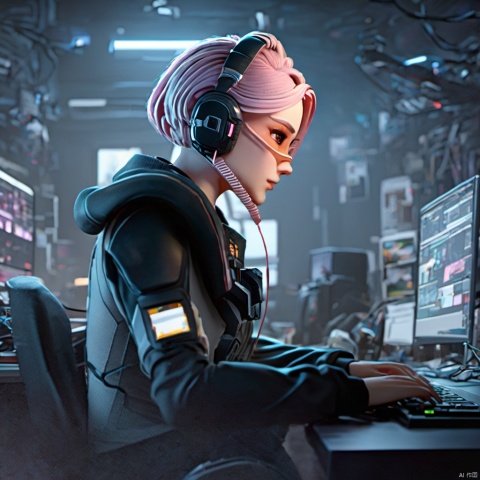  ,lida,1girl,solo,transparent and pink goggles,headset with microphone,futuristic armored suit,wearing a futuristic armored suit,short hair,sitting,jacket,white hair,indoors,hood,from side,lips,profile,headphones,chair,hood down,headset,realistic,nose,computer,monitor,laptop,keyboard \(computer\),office chair,upper body,blurry,hoodie,desk,cable,mouse \(computer\),screen,a female character with pink hair and wearing headphones and a dark outfit,she is seated at a desk,surrounded by various electronic devices including a computer monitor and a keyboard and other equipment,the setting appears to be a dimly lit room possibly an office or a tech lab,with posters and papers on the walls,the character seems to be focused on her work possibly coding or designing,