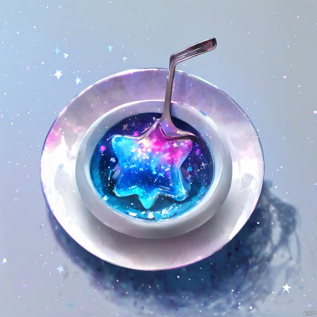  ,a bowl with a spoon inside of it with a star design on it and a spoon in the bowl, simple background, white background, food, sky, no humans, fruit, star \(sky\), plate, starry sky, spoon, food focus, still life, dessert, galaxy, night sky, reflection, saucer, The image showcases a bowl containing a gelatinous substance that has been artistically designed to resemble a galaxy. The substance is vibrant with hues of blue, purple, and pink, with shimmering specks that mimic stars. A spoon is placed next to the bowl, suggesting that the substance is ready to be consumed. The background is plain white, which accentuates the vivid colors of the galaxy-like substance., bowl, gelatinous substance, hues of blue, pink, shimmering specks, background