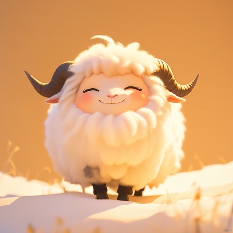  weiyang, sheep, fluffy, cute, mf-movie-filter, warm colors, white fur, whimsy and dramatic lighting, cc-color-correction, ^ ^, soft lighting, sheep horns, :3, sheep focus, sheep ears, no humans, closed eyes, solo, smile, horns, simple background, closed mouth, standing, facing viewer, orange theme, full body, brown background, outdoors, orange background,,