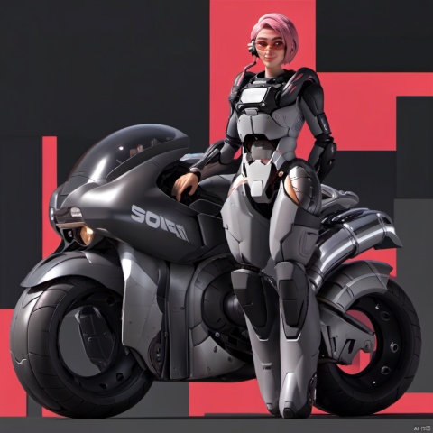  ,lida, 1girl, solo, wearing a futuristic armored suit, transparent and pink goggles, headset with microphone, looking at viewer, smile, short hair, armor, lips, ground vehicle, motor vehicle, science fiction, motorcycle, cyborg, power armor, standing, full body, brown eyes, bodysuit, breastplate, a female character with pink hair and wearing a futuristic armored suit, she stands next to a sleek, dark-colored motorcycle, the suit is predominantly gray with some silver and black accents, the character has a badge or emblem on her chest, and she's holding onto the handlebars of the motorcycle, the background is a bold red and black diagonal stripe, female character, futuristic armored suit, suit is primarily gray with silver and black accents, badge or emblem on her chest, background consists of a bold red and black diagonal stripe