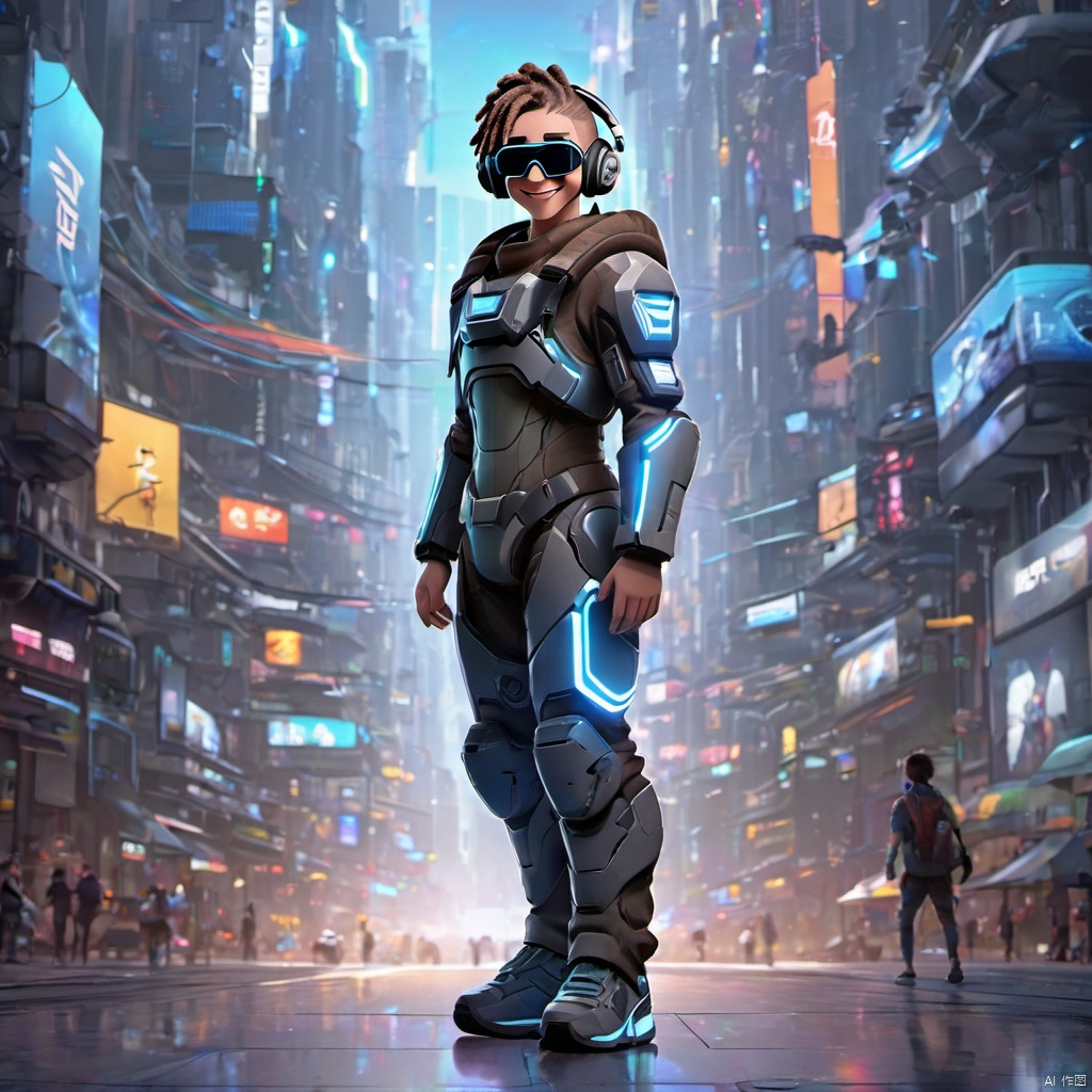  ,,(full body:2),smile,front view,short_hair,1boy,grin,headphones,dreadlocks,brown_hair,sunglasses,teech,luminous led arm,the ground reflects human shadows,sneakers,futuristic armored suit,wearing a futuristic armored suit,led screen,there is a glowing led logo on the clothes,there are glowing led tubes on the clothes,glowing clothes,very dense and numerous led light-emitting tubes on the clothes,future style clothing,