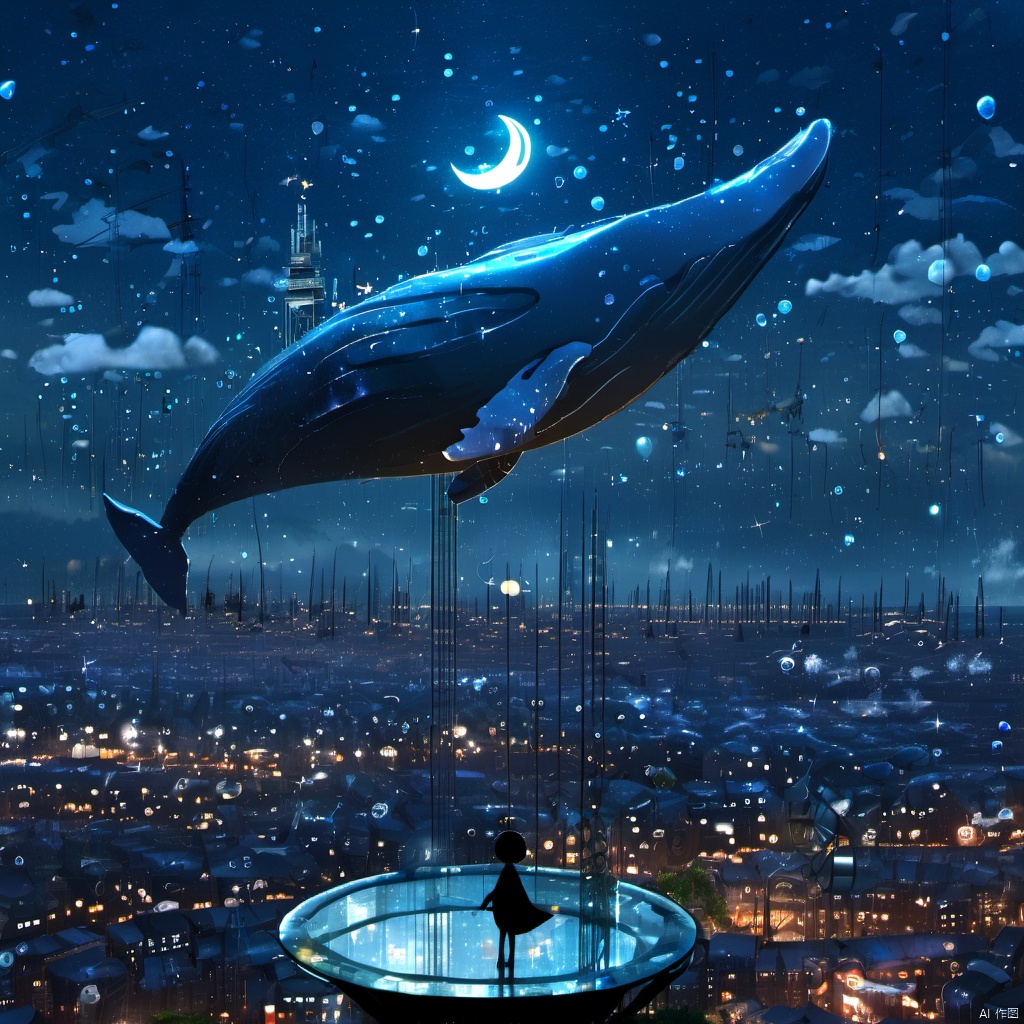  ,a futuristic city with a futuristic flying object in the sky above it and a city in the distance with stars and lights, sky, star \(symbol\), no humans, night, building, star \(sky\), scenery, city lights, whale, 1girl, cloud, moon, night sky, starry sky, fish, bubble, city, cityscape, surreal, The image portrays a surreal and futuristic nighttime scene. Dominating the foreground is a large, metallic platform with a person standing on it, gazing out at the vast expanse below. The platform is elevated and appears to be connected to a tall, slender tower. The city below is illuminated with a myriad of lights, suggesting a bustling urban environment. Floating above the city is a massive whale, which has been transformed into a floating city. This city is adorned with various structures, including domes, spires, and other architectural marvels. The sky is filled with stars, and there are numerous celestial bodies, including a large moon, shining brightly. The overall atmosphere is one of wonder, mystery, and awe., platform, tower, domes, architectural marvels, stars, atmosphere