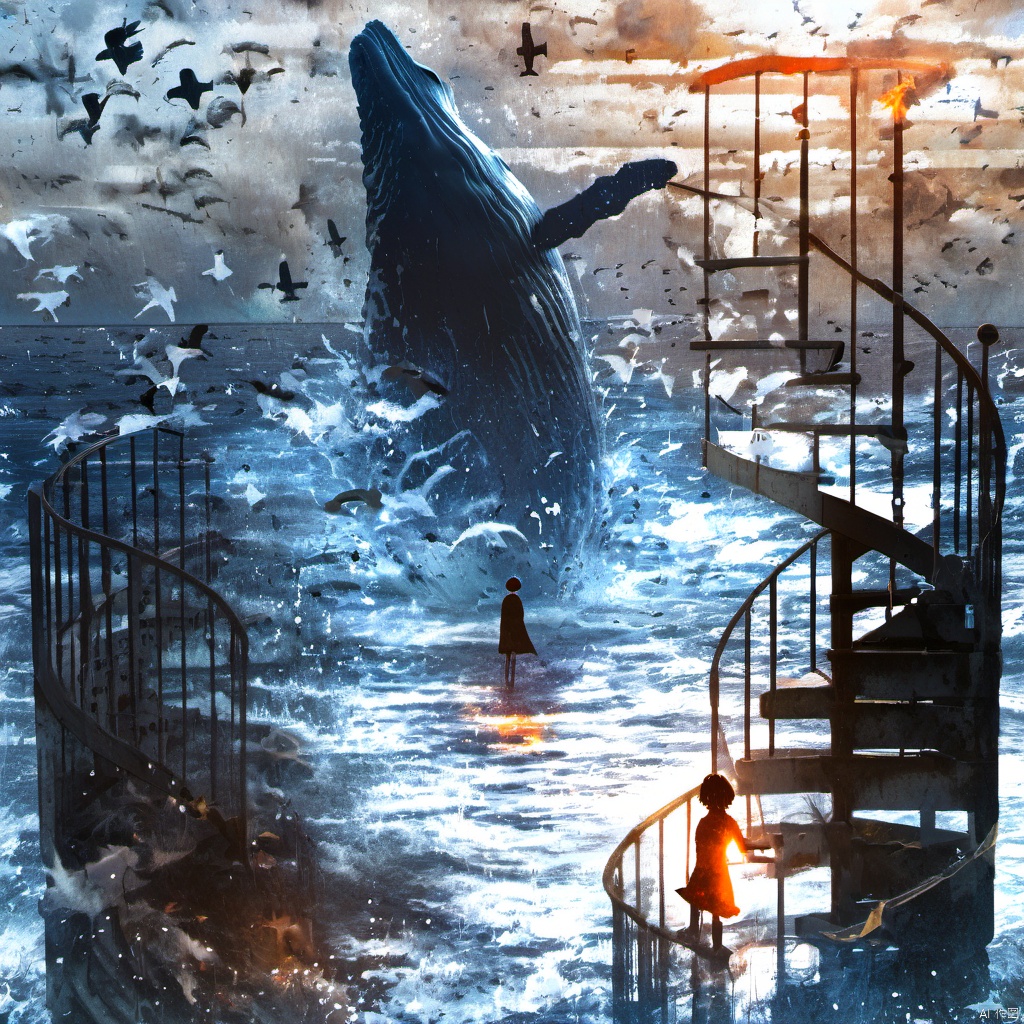  ,a woman standing on a stair case next to a fire hydrant in the water with birds flying around, 1girl, solo, short hair, dress, standing, outdoors, water, scenery, fish, silhouette, whale, shadow, railing, surreal, The image portrays a surreal and dramatic scene set against a backdrop of a vast, turbulent sea. Dominating the foreground is a massive, dark whale, seemingly emerging from the water with its tail raised. The sea is filled with smaller fish, creating a shimmering effect. To the right, a lone figure stands on a spiral staircase, gazing out at the sea. The sky is filled with birds, possibly seagulls, flying in various directions. The overall mood of the image is intense, with the juxtaposition of the massive whale and the solitary figure adding to the drama., sea, staircase, figure, birds, drama