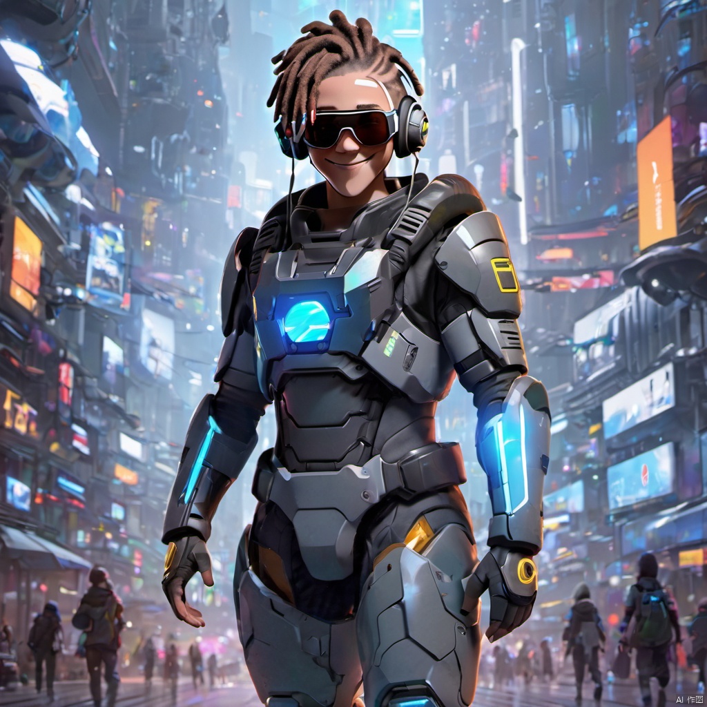  ,,(full body:2),smile,front view,short_hair,1boy,grin,headphones,dreadlocks,brown_hair,sunglasses,teech,futuristic armored suit,wearing a futuristic armored suit,led screen,there is a glowing led logo on the clothes,there are glowing led tubes on the clothes,glowing clothes,very dense and numerous led light-emitting tubes on the clothes,future style clothing,luminous led arm,