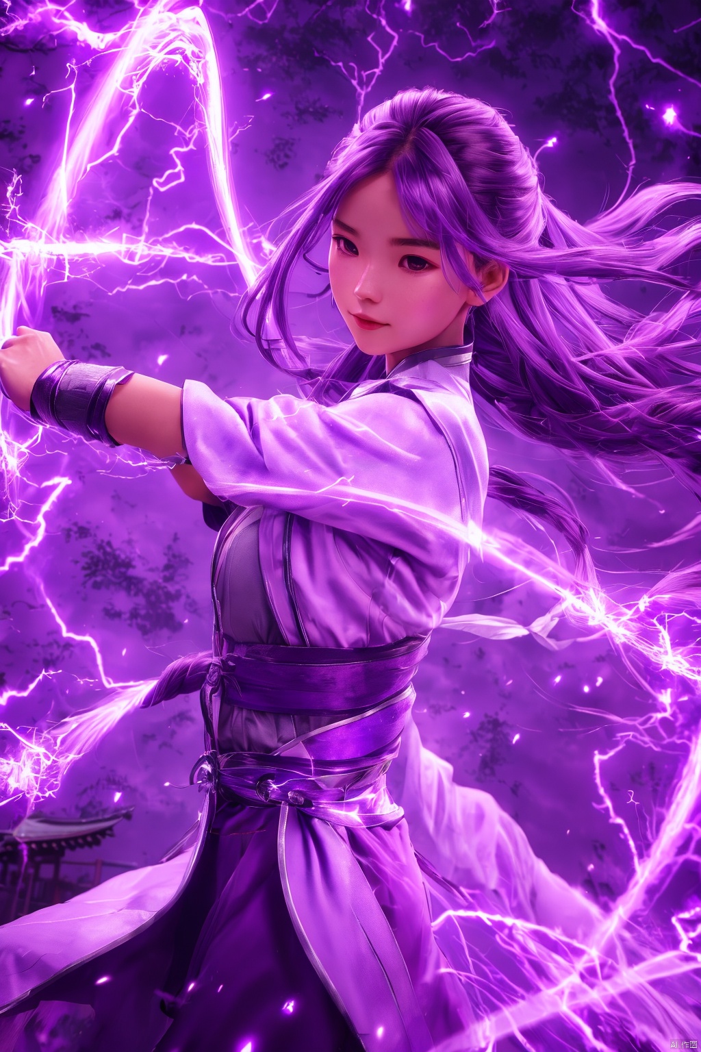 purple-lightning-aura,using purple-lightning-magic,purple-lightning-magic,ancient-costume,dancing,fighting stance,1girl,solo,long hair,brown hair,,purple-aura