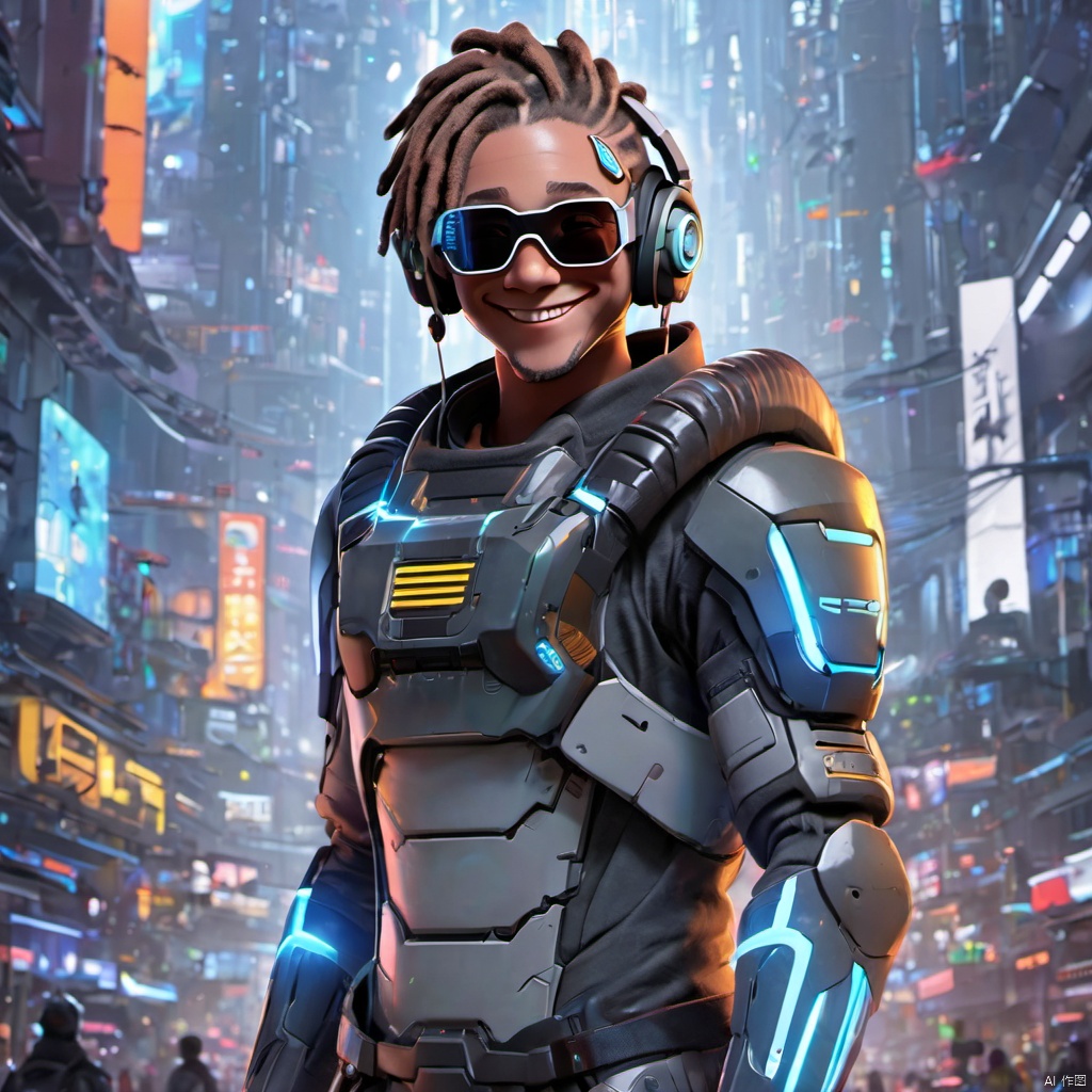  ,,(full body:2),smile,front view,short_hair,1boy,grin,headphones,dreadlocks,brown_hair,sunglasses,teech,futuristic armored suit,wearing a futuristic armored suit,led screen,there is a glowing led logo on the clothes,there are glowing led tubes on the clothes,glowing clothes,very dense and numerous led light-emitting tubes on the clothes,future style clothing,luminous led arm,