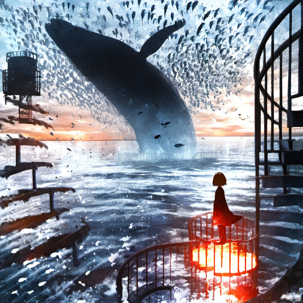  ,a woman standing on a stair case next to a fire hydrant in the water with birds flying around, 1girl, solo, short hair, dress, standing, outdoors, water, scenery, fish, silhouette, whale, shadow, railing, surreal, The image portrays a surreal and dramatic scene set against a backdrop of a vast, turbulent sea. Dominating the foreground is a massive, dark whale, seemingly emerging from the water with its tail raised. The sea is filled with smaller fish, creating a shimmering effect. To the right, a lone figure stands on a spiral staircase, gazing out at the sea. The sky is filled with birds, possibly seagulls, flying in various directions. The overall mood of the image is intense, with the juxtaposition of the massive whale and the solitary figure adding to the drama., sea, staircase, figure, birds, drama