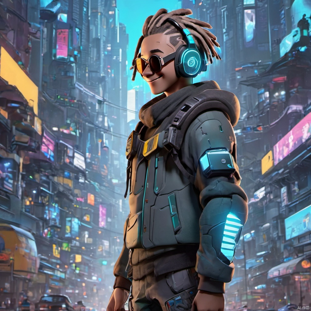  ,,(full body:2),solo,smile,front view,short_hair,1boy,jacket,luminous led arm,the ground reflects human shadows,sneakers,closed_eyes,male_focus,outdoors,glasses,teeth,bag,scarf,grin,headphones,backpack,city,dreadlocks,cyan_hair,sunglasses,ground_vehicle,building,motor_vehicle,cyberpunk,cyberpunk clothes,growing clothes,there is glowing led decorations in the middle of the hair,(full body:2),smile.from behind,short_hair,1boy,grin,headphones,dreadlocks,brown_hair,sunglasses,teech,luminous led arm,the ground reflects human shadows,sneakers,futuristic armored suit,wearing a futuristic armored suit,led screen,there is a glowing led logo on the clothes,there are glowing led tubes on the clothes,glowing clothes,very dense and numerous led light-emitting tubes on the clothes,future style clothing,