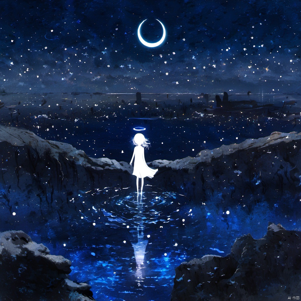  ,a painting of a girl standing on a hill with a moon and stars in the sky above her head, 1girl, solo, dress, standing, outdoors, sky, water, white dress, night, glowing, halo, moon, star \(sky\), night sky, scenery, starry sky, silhouette, crescent moon, pillar, long hair, floating, blue theme, fantasy, The image portrays a serene nighttime scene with a silhouette of a female figure standing on a rocky terrain. She has a halo around her head, suggesting a celestial or ethereal nature. The sky is filled with stars, and there's a crescent moon visible in the top right corner. Above her, there are fish swimming in the vast expanse of the cosmos. The entire scene is bathed in a deep blue hue, giving it a dreamy and otherworldly ambiance., serene nighttime scene, silhouette of a female figure, halo around her head, stars, rocky terrain, fish swimming, deep blue hue