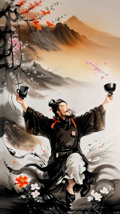  a chinese ancient male hero among flowers, beard,((open arms)),hold up his head,drinking from a small black porcelain cup,bold crazy excited passionate expression,laughing ,((opened black cloth)),from below,detailed face,c,warm tone,afternoon, ethereal atmosphere, evocative hues, captivating coloration, dramatic lighting, enchanting aura, masterpiece, best quality, epic cinematic, soft nature lights, rim light, amazing, hyper detailed, ultra realistic, soft colors, photorealistic, Ray tracing, Cinematic Light, light source contrast, ananmo, ink paniting,traditional chinese ink painting,