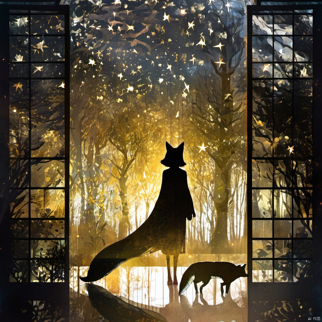  ,The image showcases a serene and dreamlike scene set against a backdrop of a forest. A silhouette of a person, possibly a girl, stands in the center, holding a fox-like creature by its tail. The person is dressed in a long dress and appears to be gazing into the distance. The forest is illuminated by a soft, golden light, and there are various elements like leaves, branches, and possibly fireflies scattered throughout. The image is framed by a window or sliding door on the left, which has a grid pattern. The entire scene is overlaid with a myriad of abstract shapes, stars, and patterns, giving it a magical and ethereal quality., serene, dreamlike, forest, silhouette, fox-like creature, dress, gaze, grid pattern, magical, ethereal