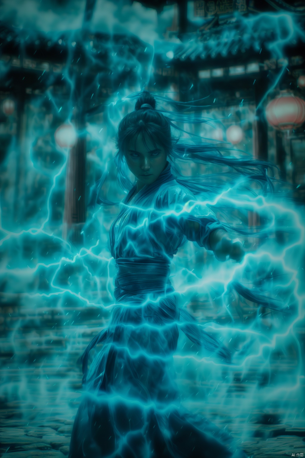 fighting stance,dancing,ancient-costume,cyan-aura,using cyan-lightning-magic,cyan-lightning-magic,using cyan-magic,cyan-magic,1girl,solo,long hair,blue eyes,,