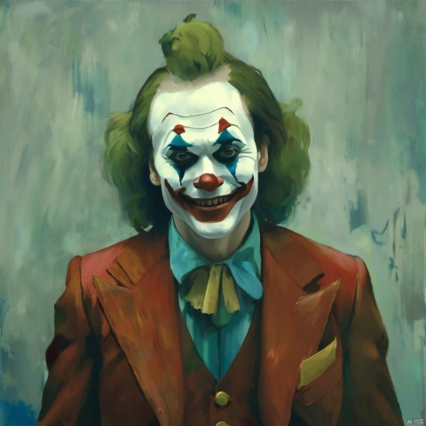  ,The image showcases a close-up portrait of a man with a clown makeup. He has white face paint with red and blue accents, especially around his eyes and mouth. His hair is long and wavy, and he is wearing a red suit. The background is a muted, textured gray, which contrasts with the vibrant colors of his makeup., man, clown makeup, white face paint, red and blue accents, hair, suit, muted, textured gray, vibrant color