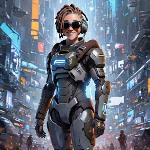  ,,(full body:2),smile,front view,short_hair,1boy,grin,headphones,dreadlocks,brown_hair,sunglasses,teech,futuristic armored suit,wearing a futuristic armored suit,led screen,there is a glowing led logo on the clothes,there are glowing led tubes on the clothes,