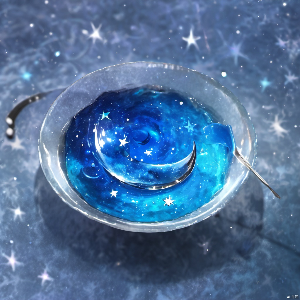  ,The image showcases a glass bowl filled with a vibrant blue liquid. The liquid appears to be frozen, with a swirling pattern that gives it a galaxy-like appearance. Within the liquid, there are tiny white specks that resemble stars. At the top of the bowl, there's a crescent moon and a few stars, suggesting a night sky theme. The bowl is placed next to a silver spoon., glass bowl, vibrant blue liquid, frozen, galaxy-like appearance, tiny white specks, crescent moon, stars