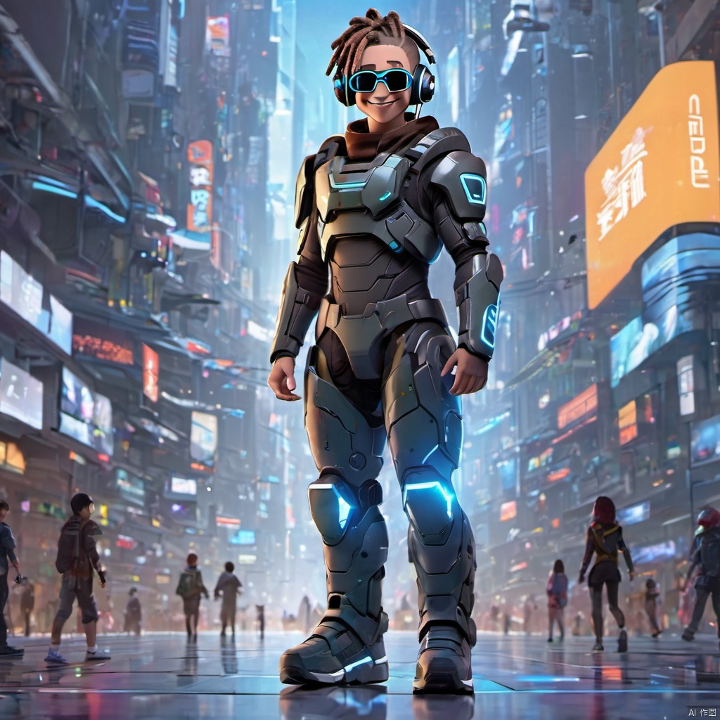  ,,(full body:2),smile,front view,short_hair,1boy,grin,headphones,dreadlocks,brown_hair,sunglasses,teech,luminous led arm,the ground reflects human shadows,sneakers,futuristic armored suit,wearing a futuristic armored suit,led screen,there is a glowing led logo on the clothes,there are glowing led tubes on the clothes,glowing clothes,very dense and numerous led light-emitting tubes on the clothes,future style clothing,