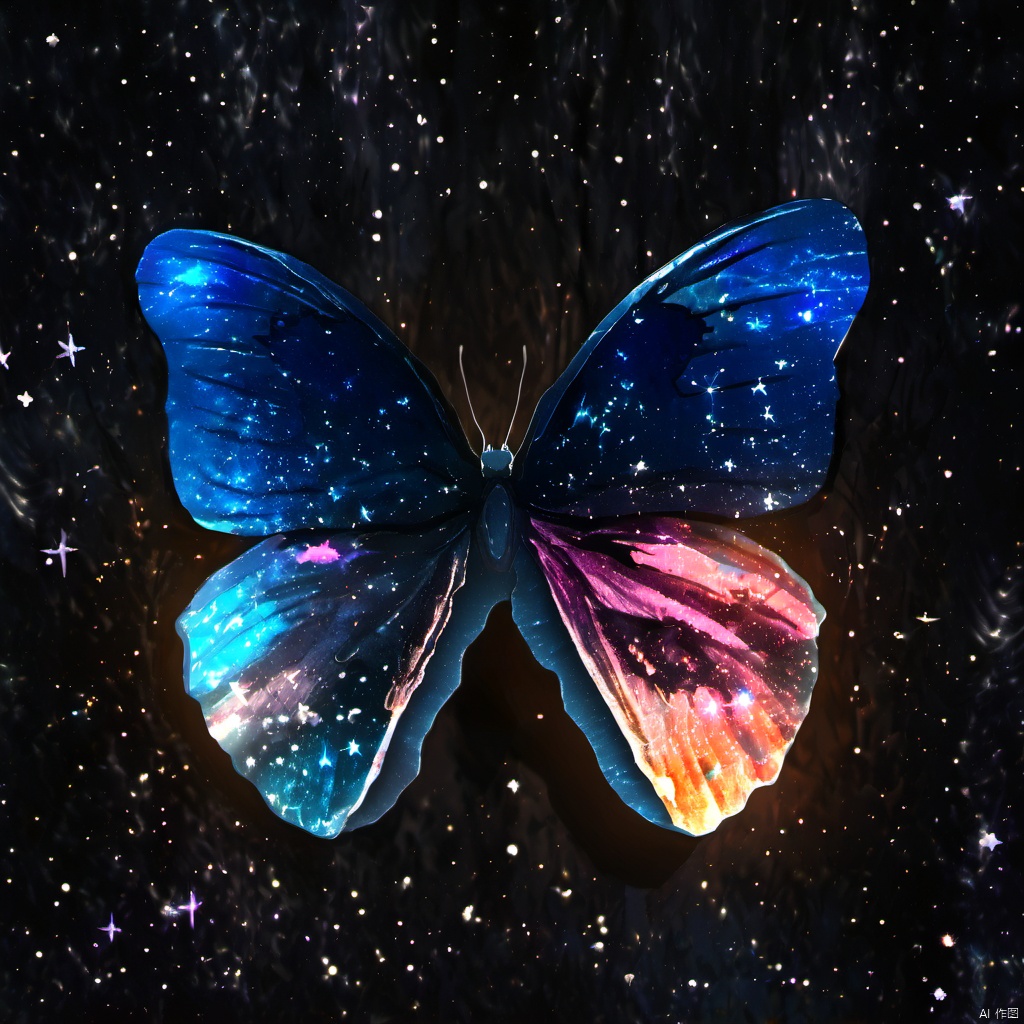  ,a butterfly with a colorful wing is shown in the dark sky with stars and a bright light coming from the wing, solo, outdoors, wings, sky, no humans, bug, butterfly, nature, scenery, forest, flying, sunset, silhouette, butterfly wings, cloud, star \(sky\), starry sky, pillar, The image showcases a vividly colored butterfly with wings that appear to be made of a translucent material, revealing a cosmic scene within. The wings are predominantly blue with hints of pink and orange, reminiscent of a galaxy or nebula. The background is dark, possibly representing a night sky or a rocky surface, and is adorned with sparkling stars and a bright shooting star. The butterfly's body is black, contrasting sharply with the vibrant wings., image, translucent material, cosmic scene, galaxy or nebula, dark background, sparkling stars, bright shooting star