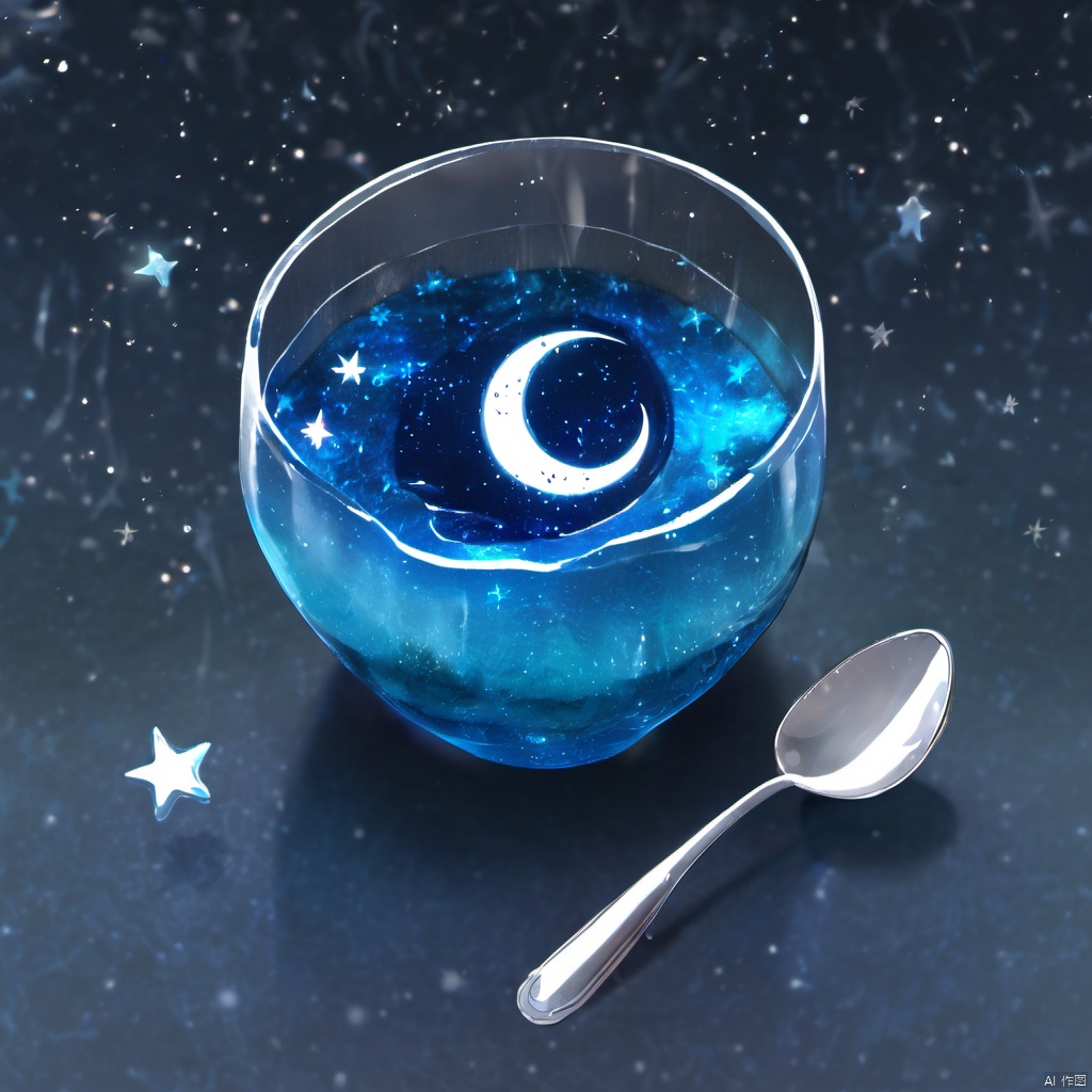  ,The image showcases a glass bowl filled with a vibrant blue liquid. The liquid appears to be frozen, with a swirling pattern that gives it a galaxy-like appearance. Within the liquid, there are tiny white specks that resemble stars. At the top of the bowl, there's a crescent moon and a few stars, suggesting a night sky theme. The bowl is placed next to a silver spoon., glass bowl, vibrant blue liquid, frozen, galaxy-like appearance, tiny white specks, crescent moon, stars