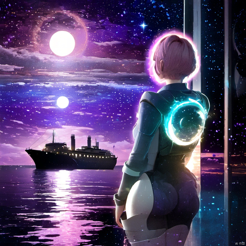 , a person standing on a beach next to a large ship at night with a full moon in the sky, 1girl, solo, short hair, dress, standing, outdoors, sky, cloud, water, night, halo, moon, star \(sky\), night sky, scenery, starry sky, crescent moon, building, reflection, city, fantasy, city lights, The image portrays a serene nighttime scene by a body of water. The sky is painted with hues of purple, blue, and a crescent moon. The water reflects the colors of the sky and the lights from the ship. On the left, a silhouette of a girl stands by the water's edge, gazing at the ship. She wears a dress and has a glowing headpiece. The ship, illuminated with lights, appears to be a large vessel with multiple decks. The entire scene is bathed in a magical ambiance, with sparkles and particles floating in the air, adding to the dreamy atmosphere., body of water, ship, girl, headpiece, decks, magical ambiance, sparkles, particles,
lida,1girl,,lida,1girl,solo,breasts,looking at viewer,short hair,medium breasts,sitting,full body,pink hair,ass,looking back,from behind,lips,bodysuit,helmet,skin tight,science fiction,