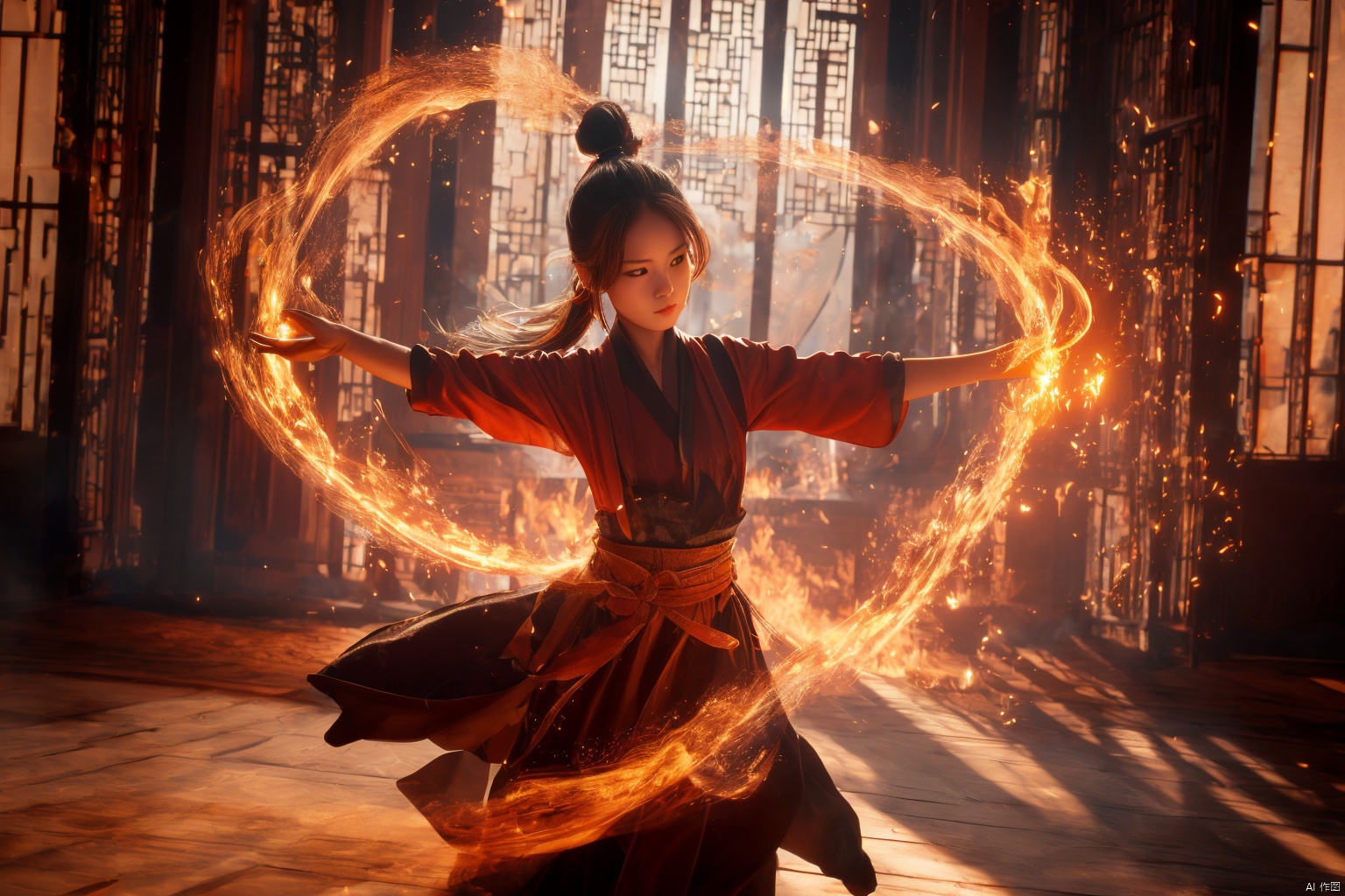  orang-aura,using orang-magic,orang-magic,ancient-costume,dancing,solo,1girl,fire,long hair,ponytail,,