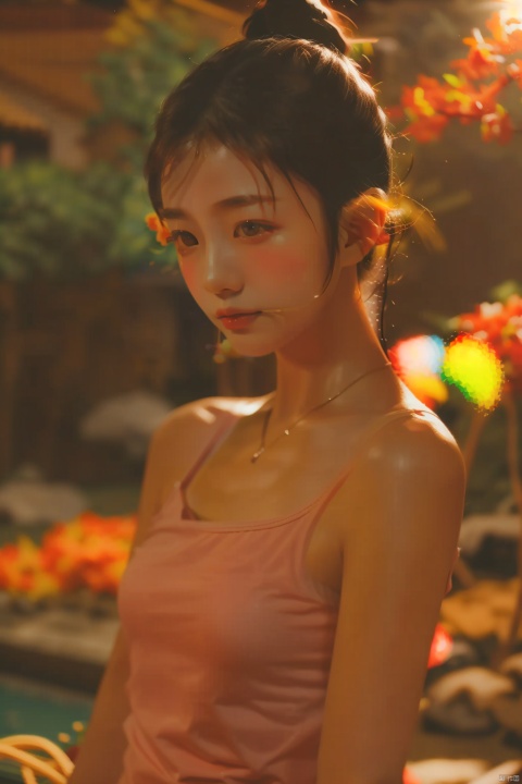  1girl,cc-color-calibration,ff-film-filter,fs-film-style,xiayenanmian,ssn-sleepless-summer-nights,pink camisole,essential oils,sweat,blurry background,depth of field,, cc-color-calibratio