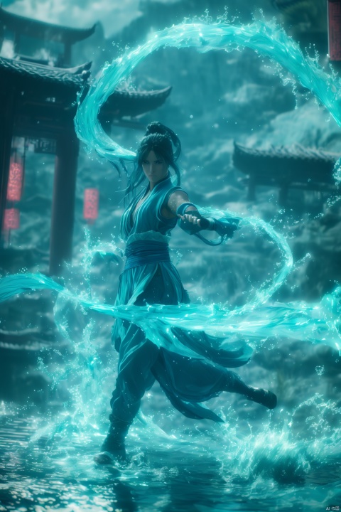 fighting stance,dancing,ancient-costume,cyan-aura,using cyan-water-magic,cyan-water-magic,using cyan-magic,cyan-magic,1girl,solo,long hair,blue eyes,,