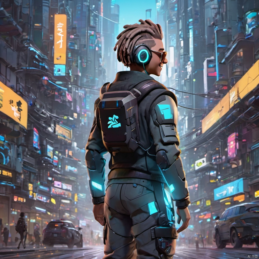  ,,(full body:2),solo,smile,front view,short_hair,1boy,jacket,luminous led arm,the ground reflects human shadows,sneakers,closed_eyes,male_focus,outdoors,glasses,teeth,bag,scarf,grin,headphones,backpack,city,dreadlocks,cyan_hair,sunglasses,ground_vehicle,building,motor_vehicle,cyberpunk,cyberpunk clothes,growing clothes,there is glowing led decorations in the middle of the hair,(full body:2),smile.from behind,short_hair,1boy,grin,headphones,dreadlocks,brown_hair,sunglasses,teech,luminous led arm,the ground reflects human shadows,sneakers,futuristic armored suit,wearing a futuristic armored suit,led screen,there is a glowing led logo on the clothes,there are glowing led tubes on the clothes,glowing clothes,very dense and numerous led light-emitting tubes on the clothes,future style clothing,